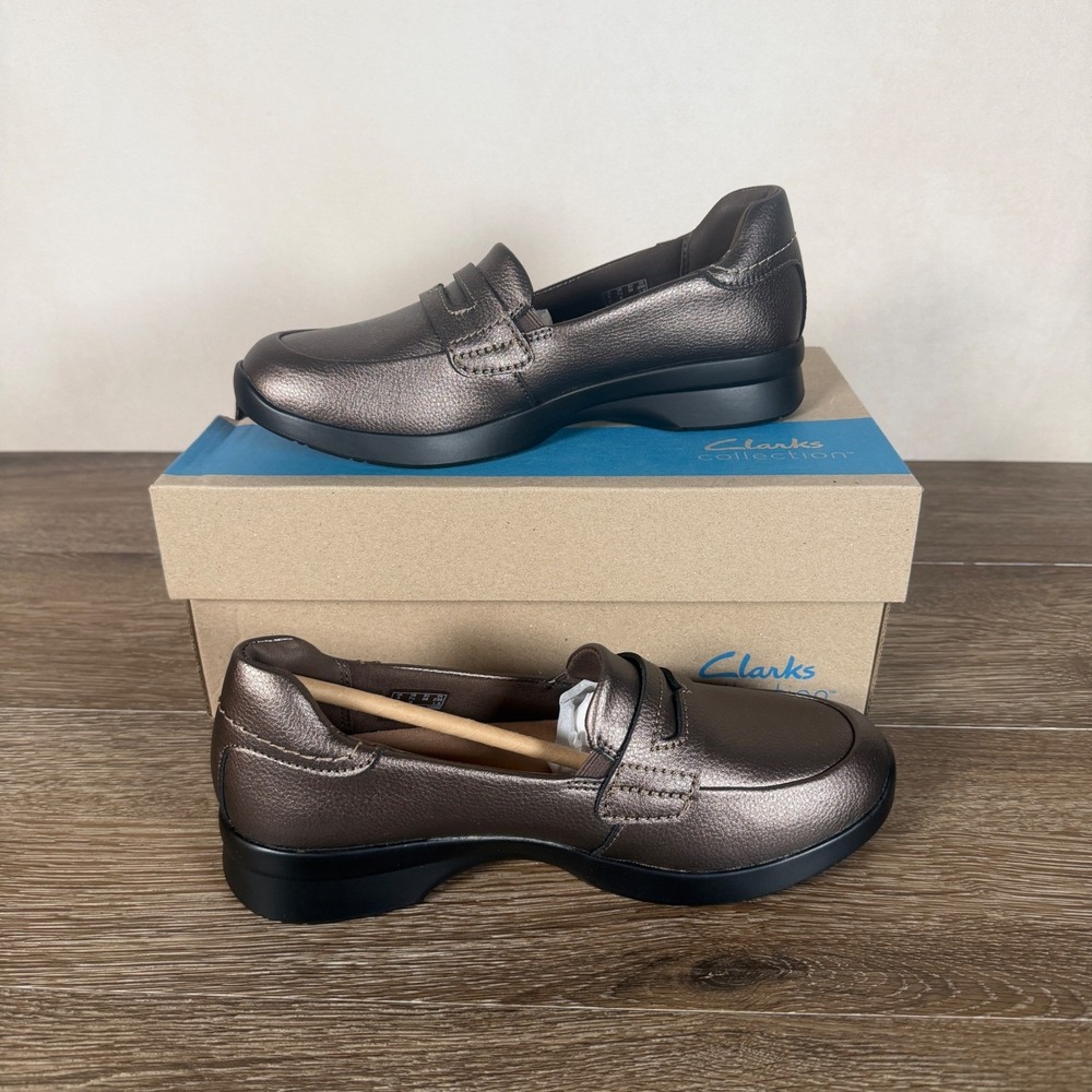 Clarks Ellowyn Penny Loafers Womens 7.5 M Bronze Metallic Leather Comfort